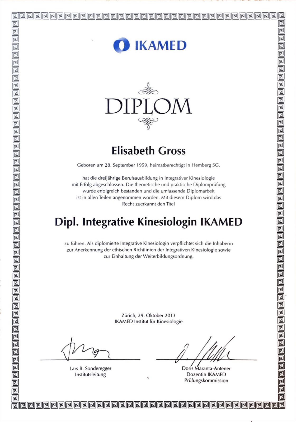 Diplom von Elisabeth Gross für Dipl. Integrative Kinesiologie IKAMED